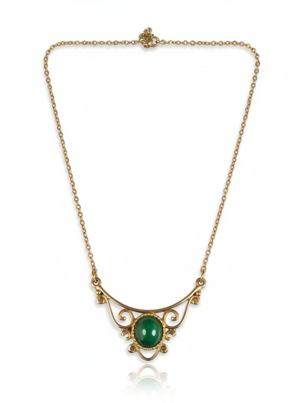 Women's Vintage Gold Plated Green Resin Dainty Necklace 19" L